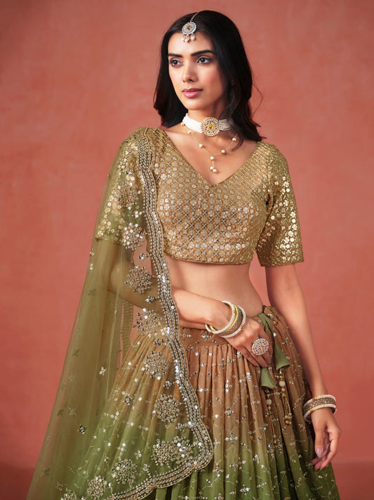 Olive Green Zari Georgette Embroidered Lehenga Choli with Net Dupatta