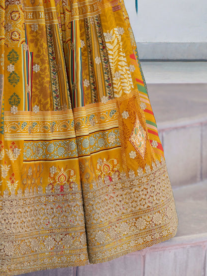Designer Yellow Printed Lehenga Choli with Embroidered Blouse & Dupatta