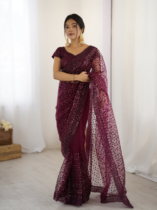Glamorous Wine Sequin Partywear Saree for Wedding