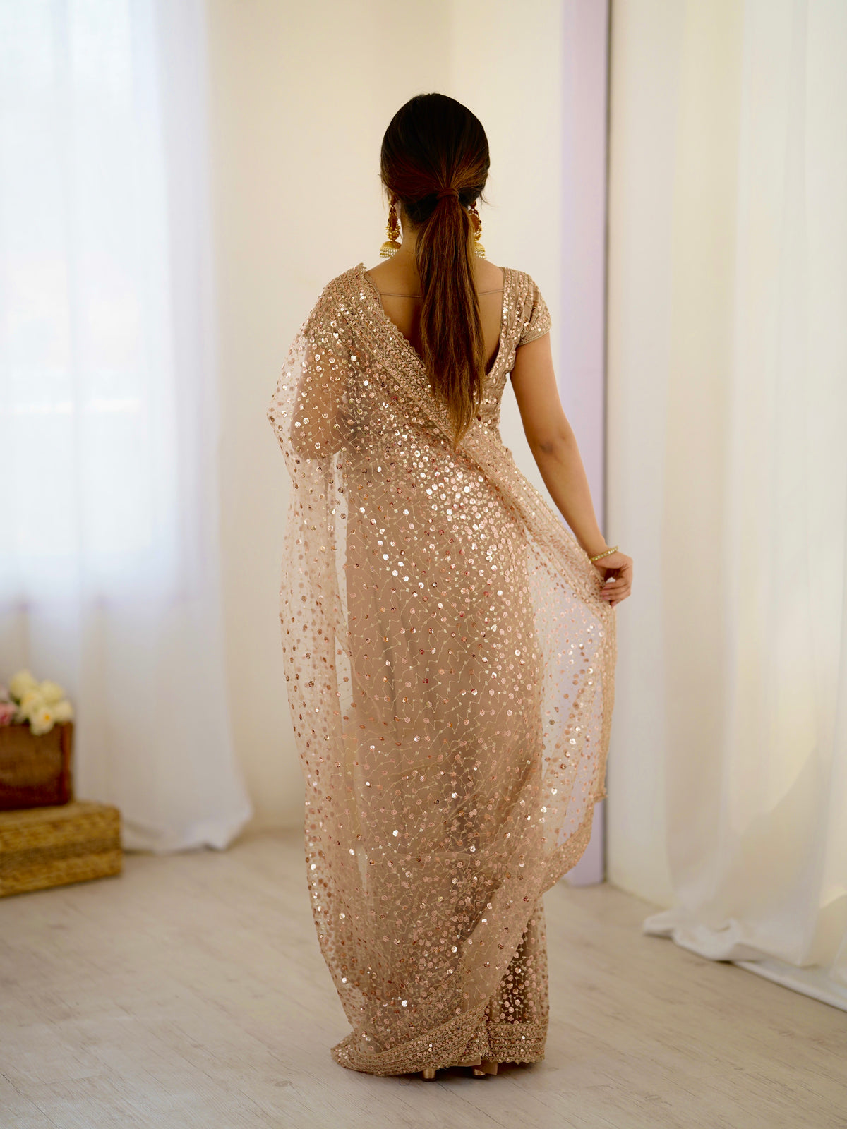 Elegant Partywear Nude Sequin Net Saree for Reception
