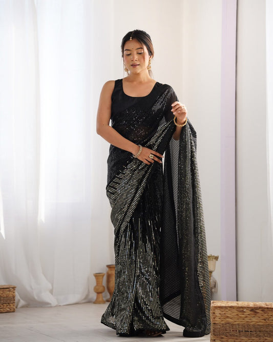 Bollywood Style Black Sequin Saree for Weddings