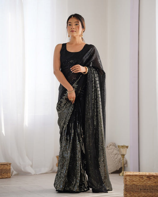 Bollywood Style Black Sequin Saree for Weddings
