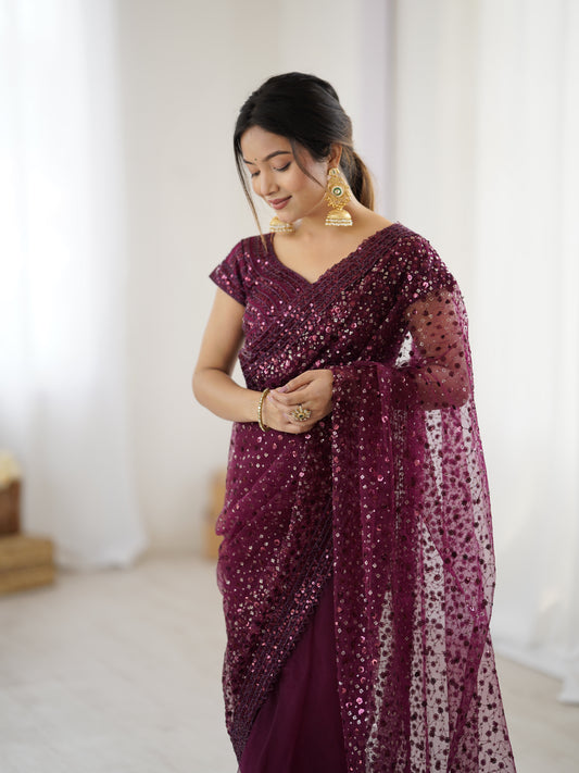 Glamorous Wine Sequin Partywear Saree for Wedding