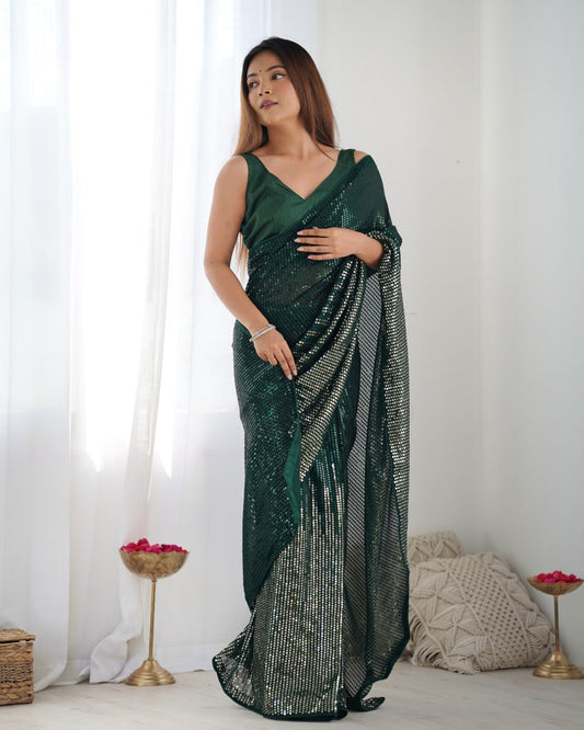 Shop Elegant Green Sequin Saree for Evening Party