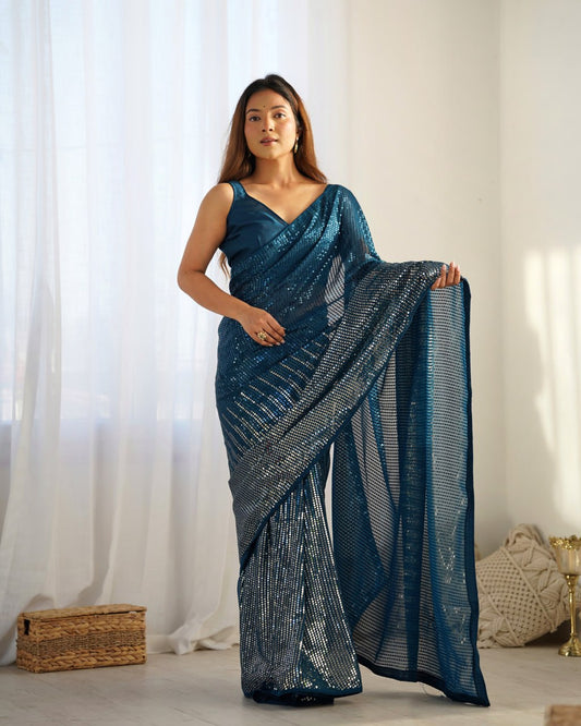 Trendy Teal blue Sequin Saree for Parties