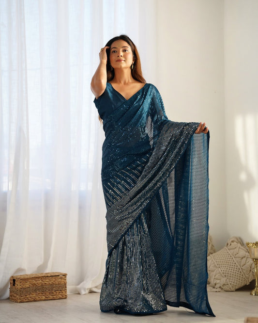 Trendy Teal blue Sequin Saree for Parties