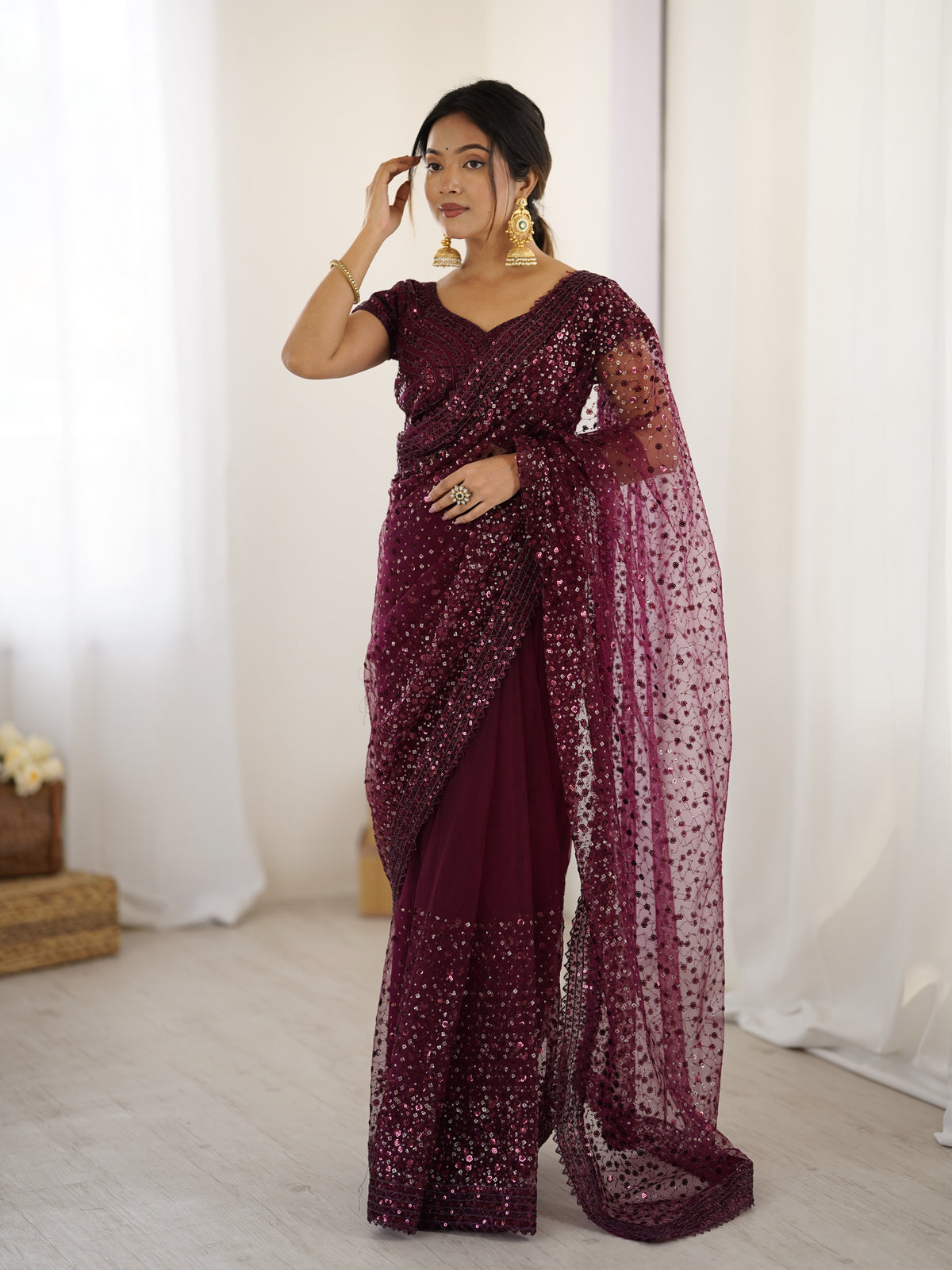 Glamorous Wine Sequin Partywear Saree for Wedding