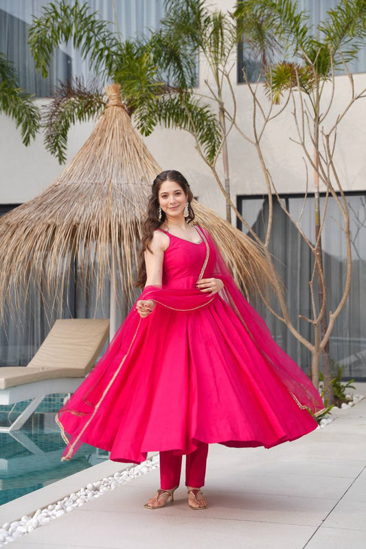 Festive Ready Pink Anarkali Suit with Net Dupatta
