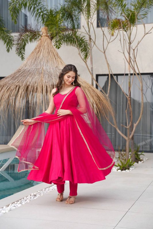 Festive Ready Pink Anarkali Suit with Net Dupatta