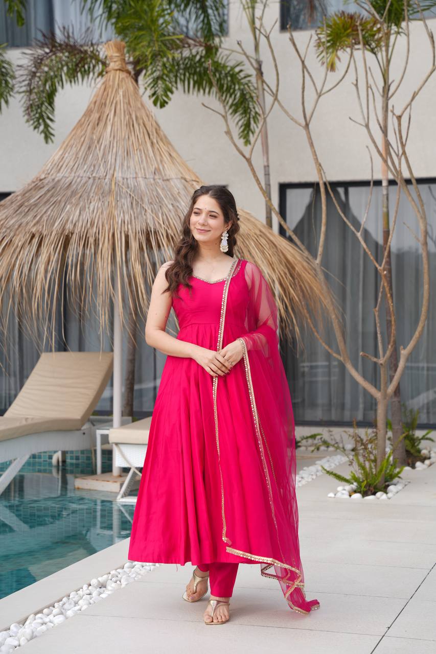 Festive Ready Pink Anarkali Suit with Net Dupatta
