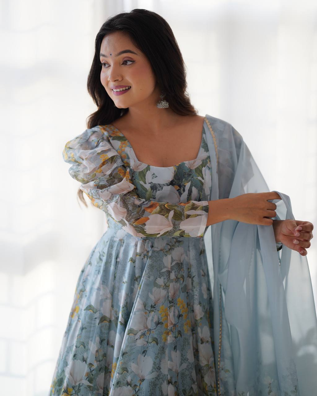 pastel floral printed anarkali suit with puff sleeves and dupatta