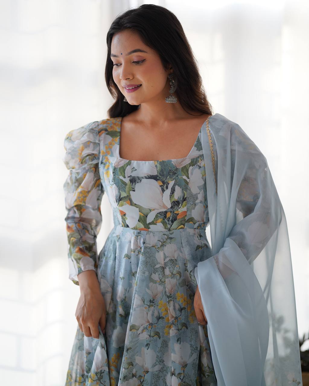 pastel floral printed anarkali suit with puff sleeves and dupatta