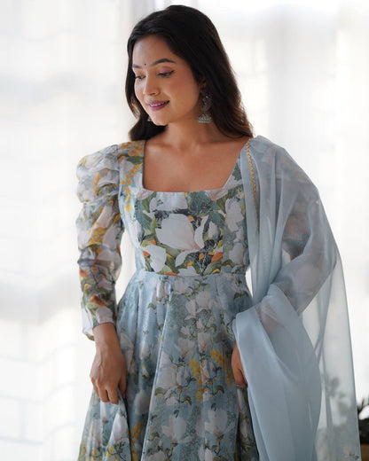 pastel floral printed anarkali suit with puff sleeves and dupatta
