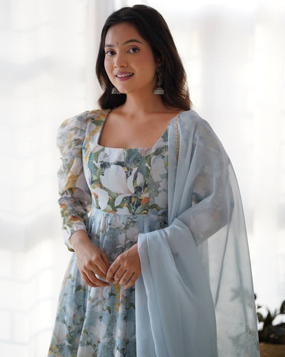 pastel floral printed anarkali suit with puff sleeves and dupatta