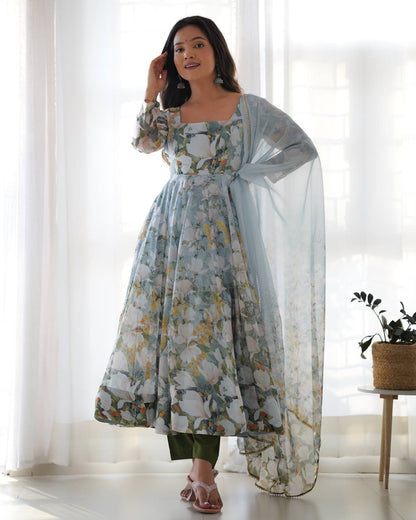 pastel floral printed anarkali suit with puff sleeves and dupatta