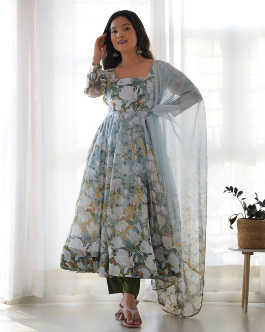 pastel floral printed anarkali suit with puff sleeves and dupatta