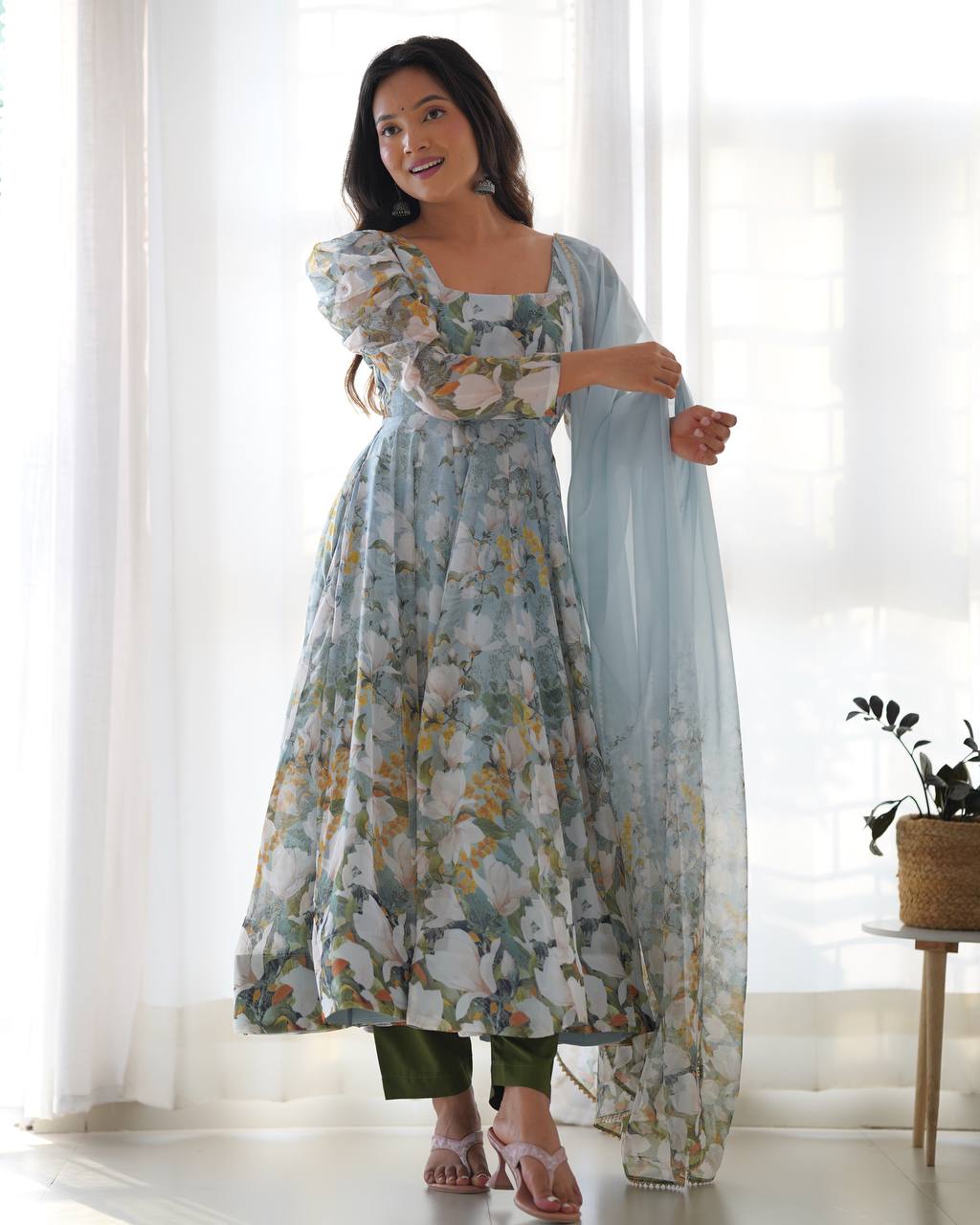 pastel floral printed anarkali suit with puff sleeves and dupatta