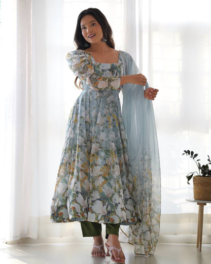 pastel floral printed anarkali suit with puff sleeves and dupatta