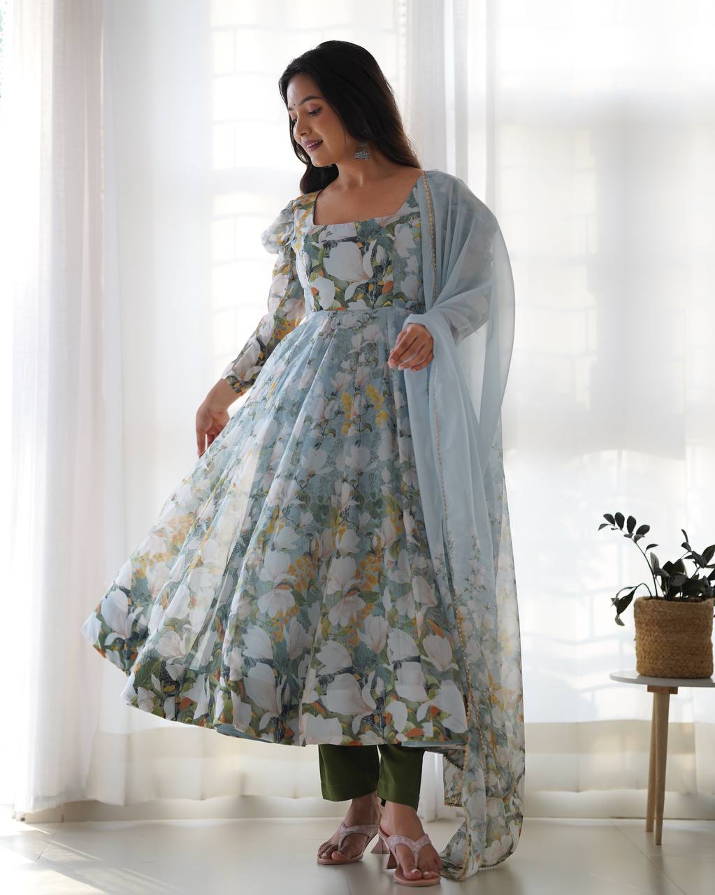 pastel floral printed anarkali suit with puff sleeves and dupatta