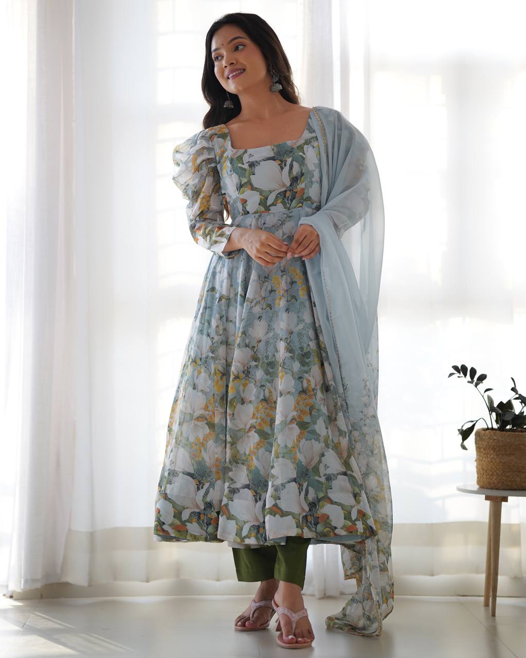 pastel floral printed anarkali suit with puff sleeves and dupatta