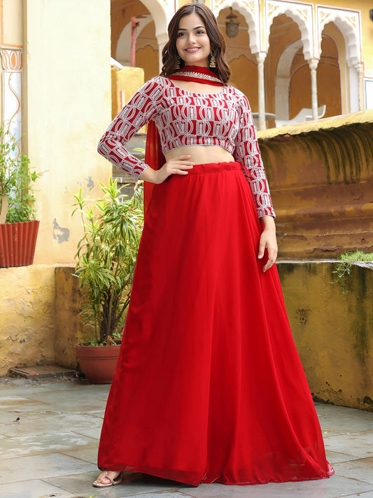 Stunning Red Designer Lehenga Choli with Embroidered Blouse and Dupatta