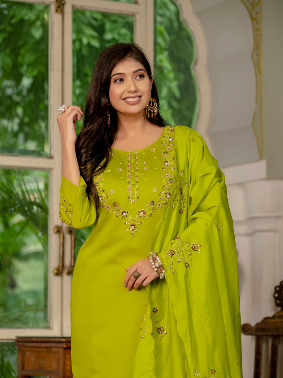 Lime Green Embroidered Salwar Suit Set with Dupatta XL Lime Green Embroidered Salwar Suit Set with Dupatta XL