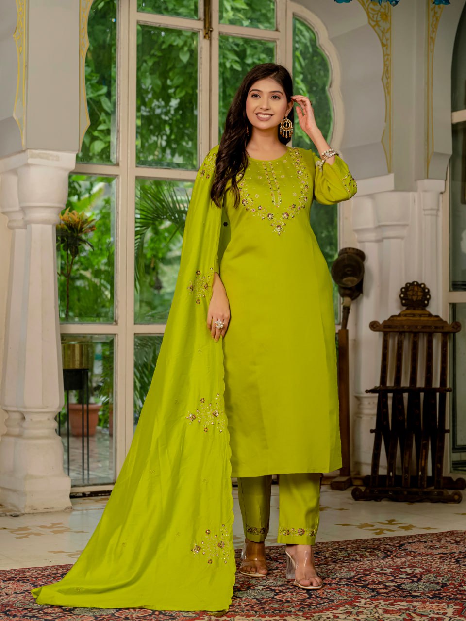 lime green dress suit Men's Lime Green Slim Fit Three-Piece Suit with Floral Tie for Weddings & Parties main image 0