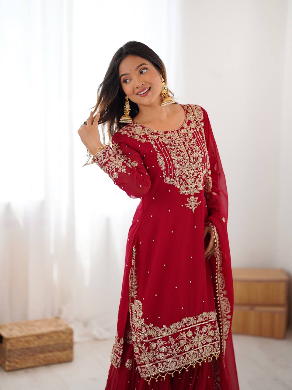 Red Georgette Sharara Suit with Heavy Golden Embroidery & Dupatta Red Georgette Sharara Suit with Heavy Golden Embroidery & Dupatta