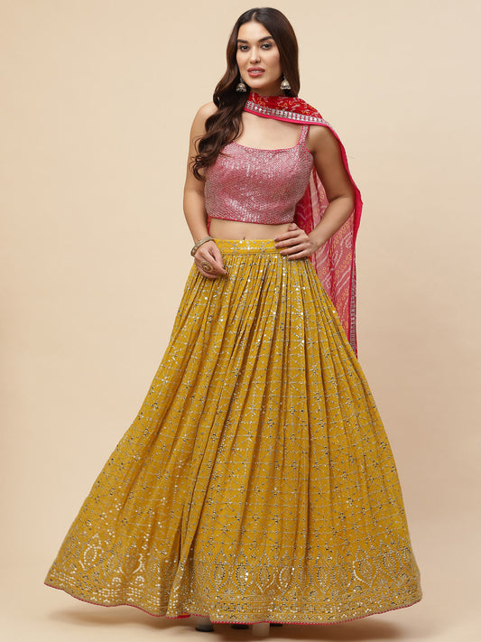 Mustard Sequins Georgette Haldi Wear Lehenga Choli