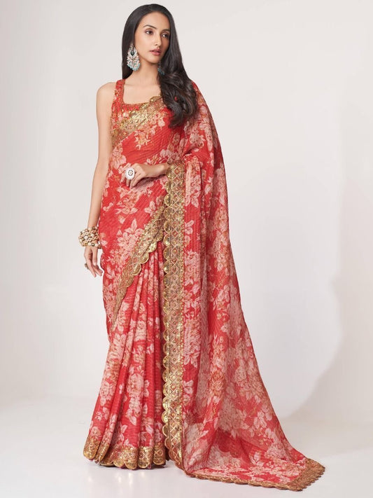 Red Floral Designer organza Saree with Golden Embroidered Border