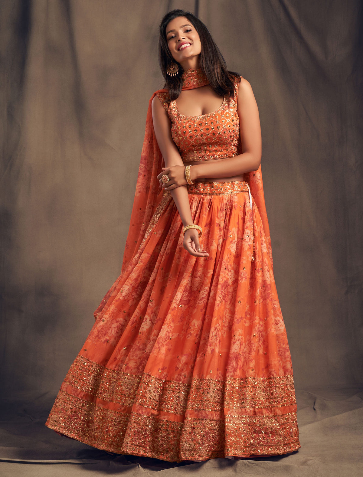 Orange Floral Lehenga Choli with Mirror and Zari Embroidery