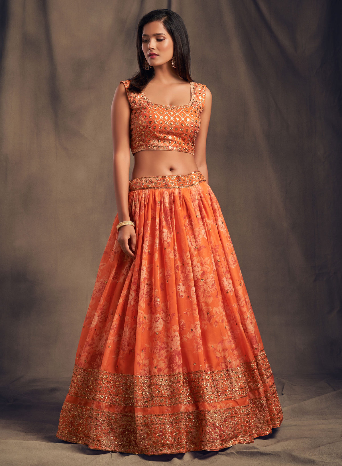 Orange Floral Lehenga Choli with Mirror and Zari Embroidery