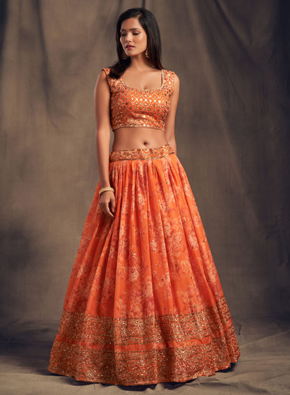 Orange Floral Lehenga Choli with Mirror and Zari Embroidery