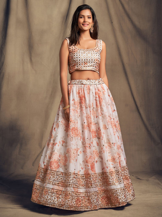 White Floral Lehenga Choli with Mirror and Zari Embroidery