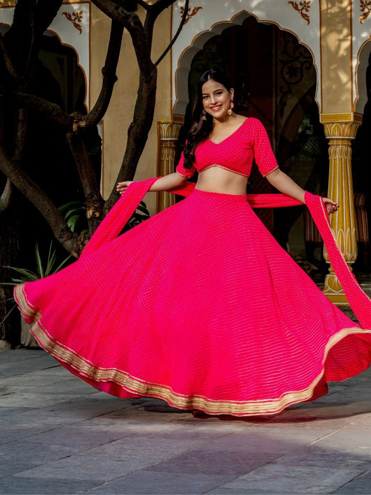 Hot Pink Bandhani Lehenga Choli with Golden Border