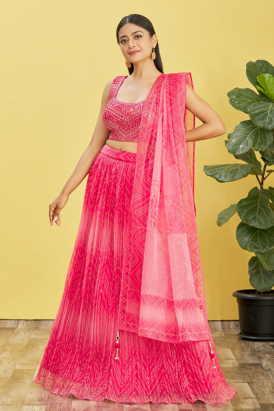 Hot Pink Mirror Work Lehenga Set with Printed Dupatta