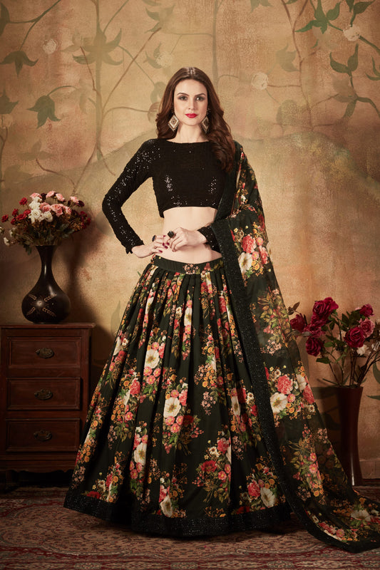 Black Floral Lehenga Choli with Sequin Blouse and Dupatta