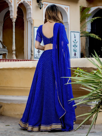 Royal Blue Bandhani Lehenga Choli with Golden Border