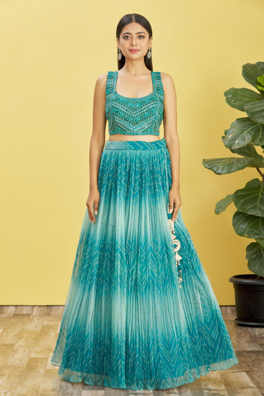Teal Blue Mirror Work Lehenga Set with Printed Dupatta