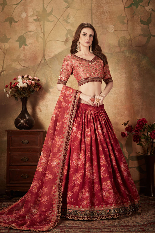 Traditional Red Floral Lehenga Choli with Embroidered Blouse and Dupatta