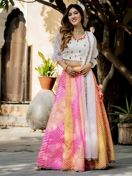 Vibrant striped multicolor lehenga with white mirror work blouse