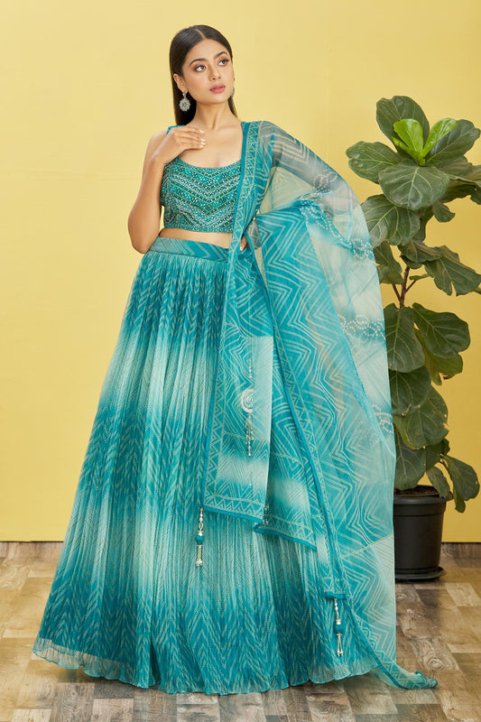 Teal Blue Mirror Work Lehenga Set with Printed Dupatta