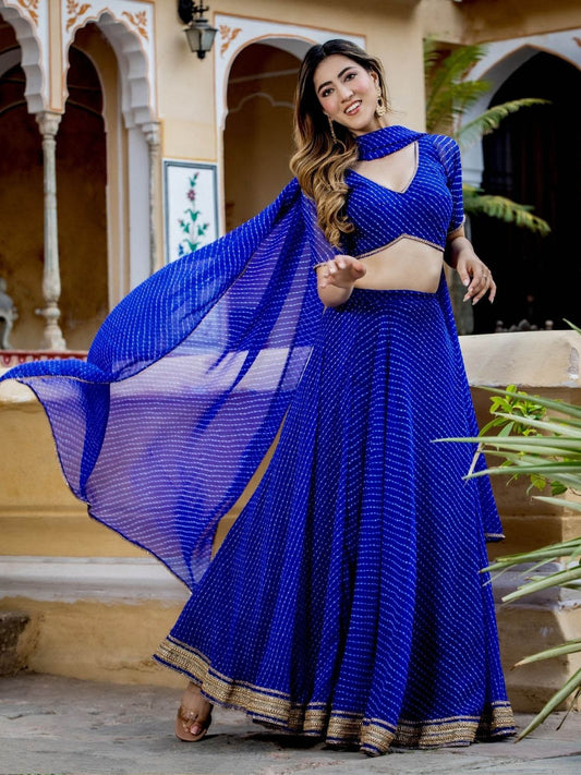 Royal Blue Bandhani Lehenga Choli with Golden Border