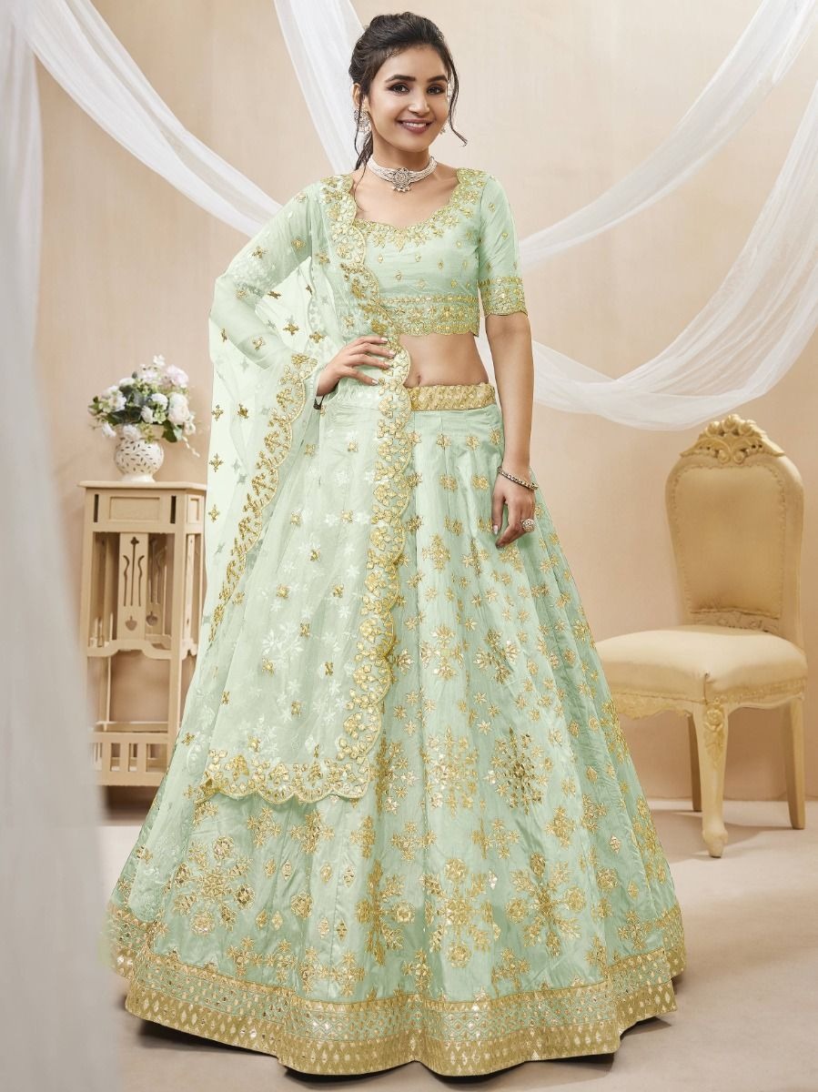 Mint Green Zari Art Silk Lehenga Choli with Dupatta