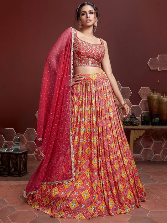 Red Bandhani Printed Lehenga with Heavy Embroidered Blouse & Dupatta