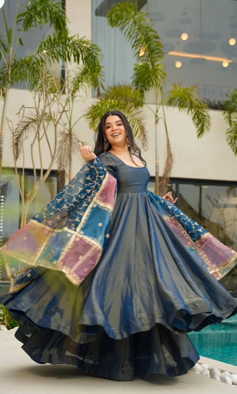 Festive Indian Navy Blue Anarkali Gown with Multicolor Dupatta
