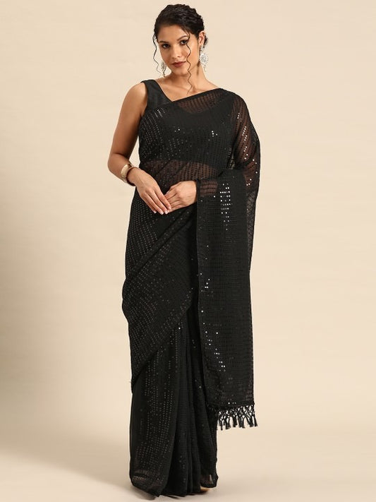 Black Designer Sequin Saree for Evening Party