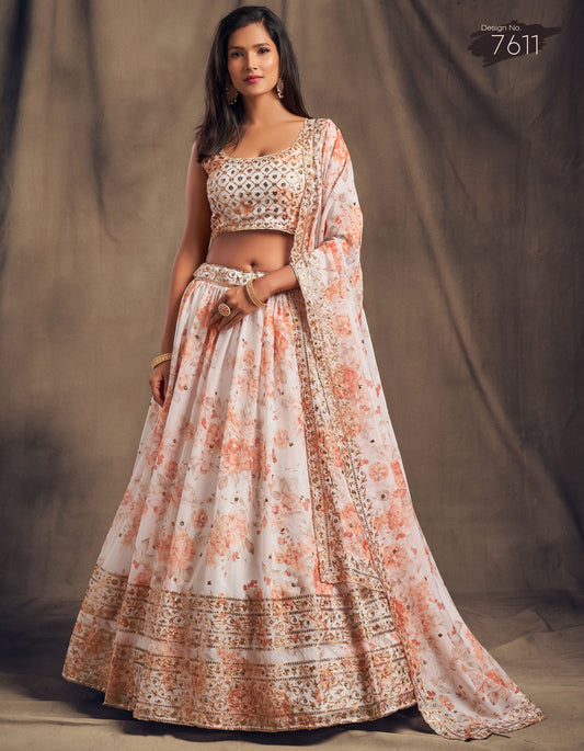 White Floral Lehenga Choli with Mirror and Zari Embroidery