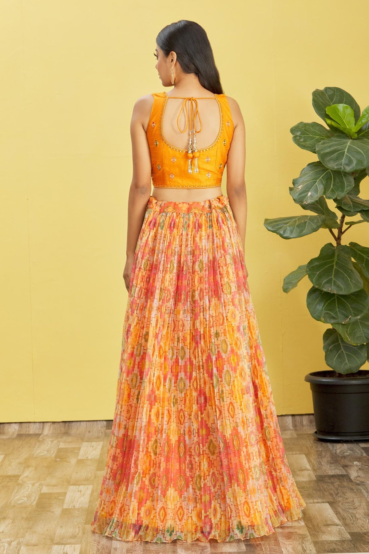 Vibrant Orange Mirror Work Lehenga Set with Printed Dupatta