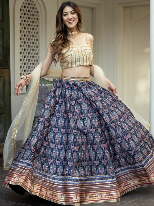 Navy Blue Printed Lehenga with Gold Crop Top